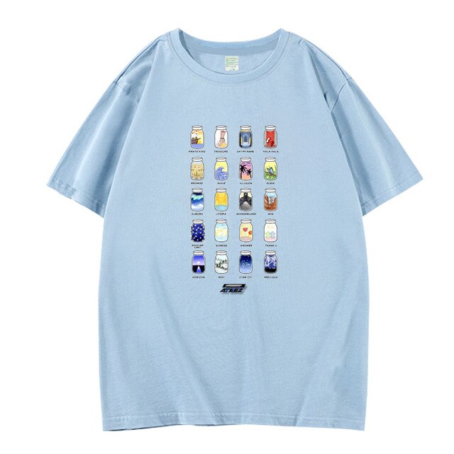 Kpop ateez all member cartoon images printing o neck short sleeve t shirt for summer unisex