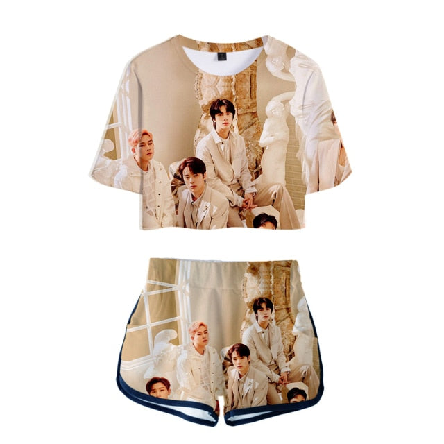 Popular Kpop MONSTA X Tracksuit Women Tracksuit Two Piece Set Crop Tops+shorts Girls Sexy clothes cool Summer Short sets Album