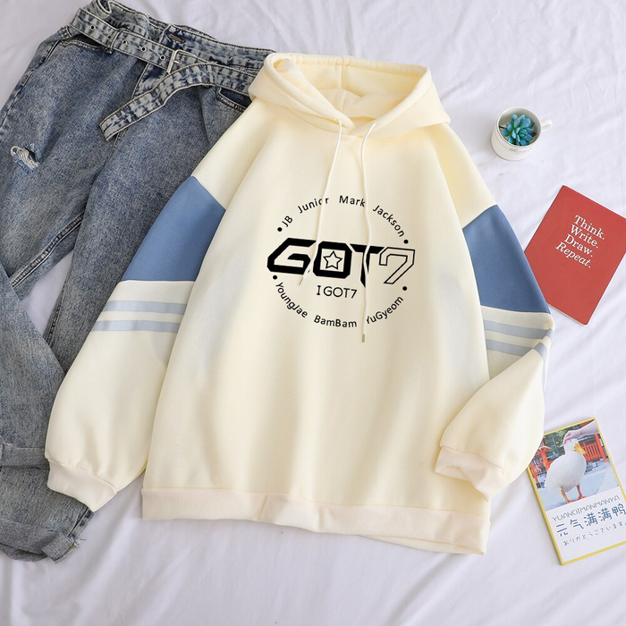 Popular Kpop Hoodies Women Got7 Printing Casual Hooded Sweatshirts Female Cotton Hit Color Streetwear Thicken Clothin