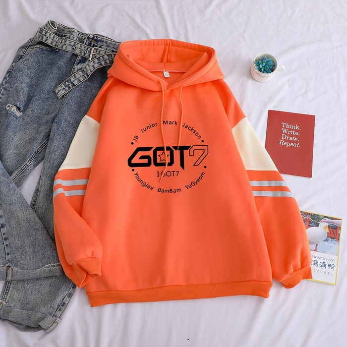 Popular Kpop Hoodies Women Got7 Printing Casual Hooded Sweatshirts Female Cotton Hit Color Streetwear Thicken Clothin