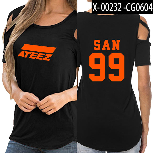 ATEEZ t shirts women Hip-hop shoulder-off sexy ATEEZ women Street Korean wear - Kpopshop