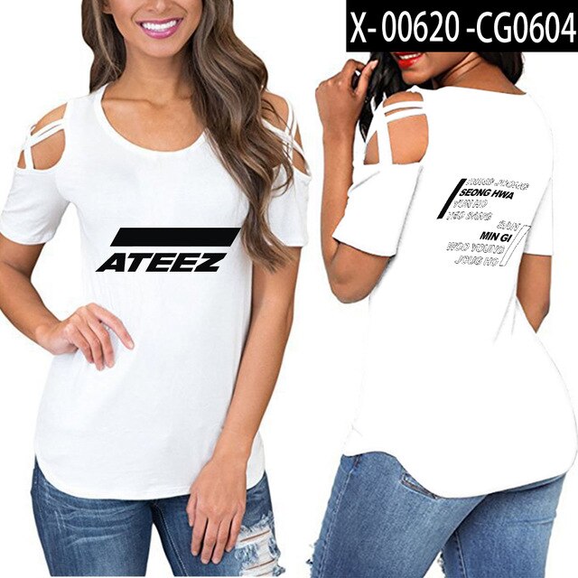 ATEEZ t shirts women Hip-hop shoulder-off sexy ATEEZ women Street Korean wear - Kpopshop