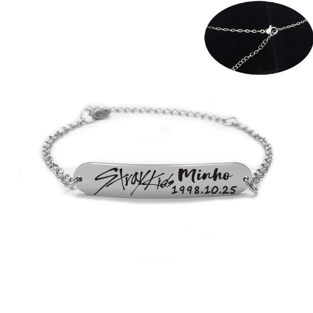 2019 New kpop Stray Kids Name Birthday Steel Stainless Steel Strip Lettering Bracelet Necklace simple korean style fashion kpop