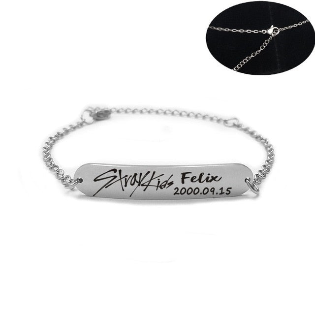2019 New kpop Stray Kids Name Birthday Steel Stainless Steel Strip Lettering Bracelet Necklace simple korean style fashion kpop