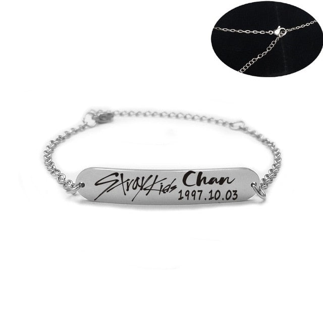 2019 New kpop Stray Kids Name Birthday Steel Stainless Steel Strip Lettering Bracelet Necklace simple korean style fashion kpop