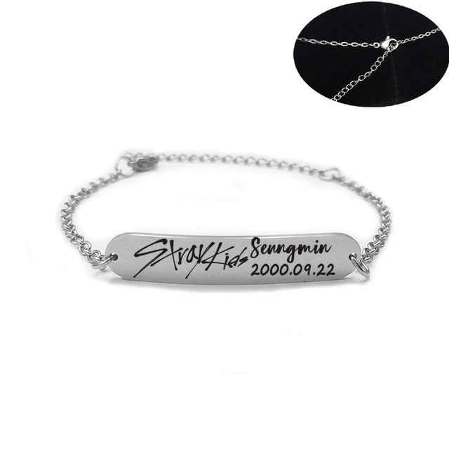2019 New kpop Stray Kids Name Birthday Steel Stainless Steel Strip Lettering Bracelet Necklace simple korean style fashion kpop