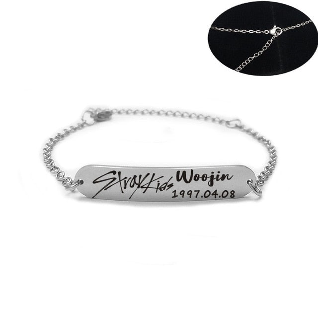 2019 New kpop Stray Kids Name Birthday Steel Stainless Steel Strip Lettering Bracelet Necklace simple korean style fashion kpop