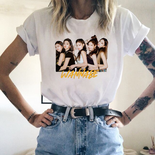 2020 Kpop ITZY WANNABE Print T Shirt Korean Clothes Graphic Tees Women 90s Summer Short Sleeve Tee Tops Female Ulzzang White Top