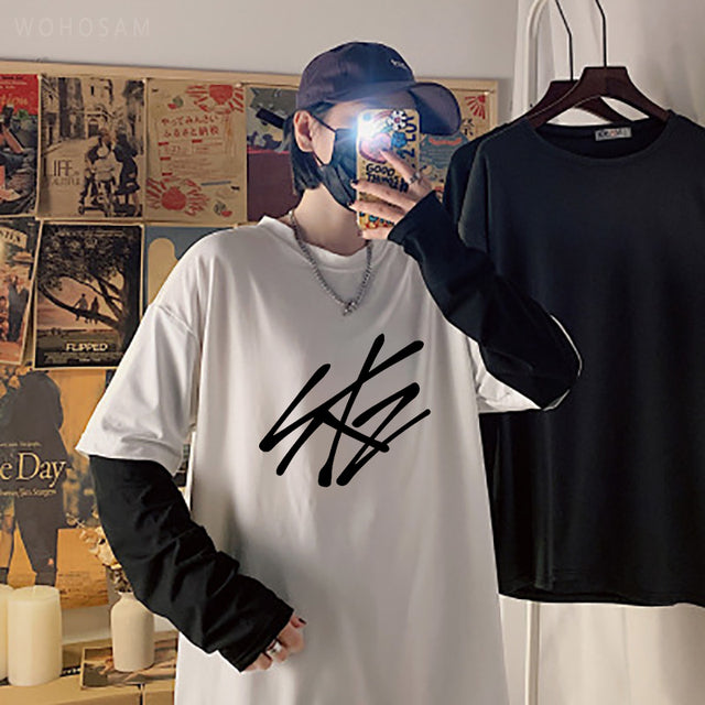 2022 Hot StrayKids Letter Fake Two Pieces Long Sleeve Summer Y2k Tees