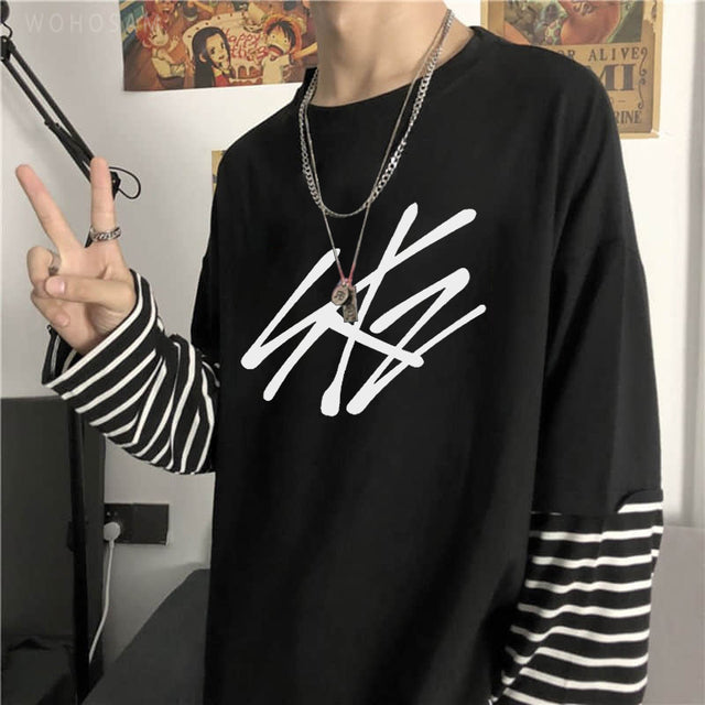2022 Hot StrayKids Letter Fake Two Pieces Long Sleeve Summer Y2k Tees