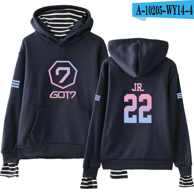 Kpop GOT7 Custom Fake Two Piece Hoodies Men Women Long Sleeve Hooded Sweatshirt Streetwear Clothes