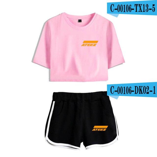 ATEEZ 2019 new 2  Piece Sets fashion women sexy navel T-shirt + shorts Kpop Short Sleeve T-shirt short pant casual Harajuku sets