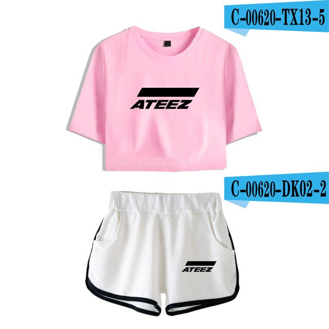 ATEEZ 2019 new 2  Piece Sets fashion women sexy navel T-shirt + shorts Kpop Short Sleeve T-shirt short pant casual Harajuku sets