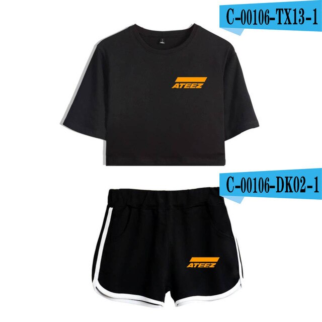 ATEEZ 2019 new 2  Piece Sets fashion women sexy navel T-shirt + shorts Kpop Short Sleeve T-shirt short pant casual Harajuku sets