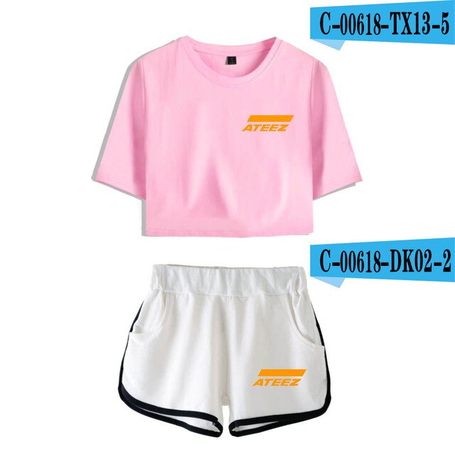 ATEEZ 2019 new 2  Piece Sets fashion women sexy navel T-shirt + shorts Kpop Short Sleeve T-shirt short pant casual Harajuku sets