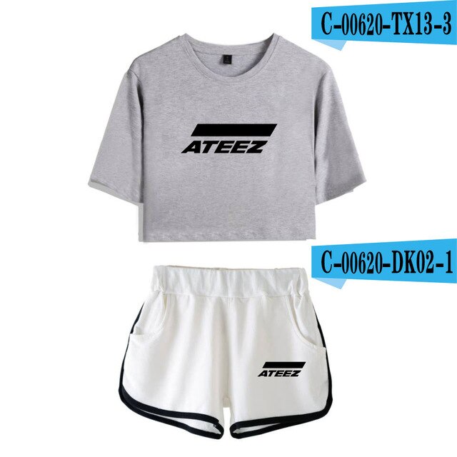 ATEEZ 2019 new 2  Piece Sets fashion women sexy navel T-shirt + shorts Kpop Short Sleeve T-shirt short pant casual Harajuku sets