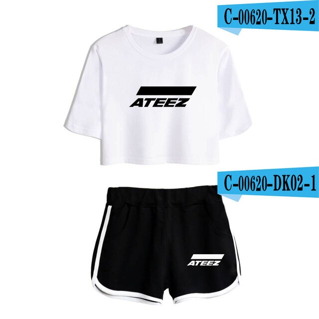 ATEEZ 2019 new 2  Piece Sets fashion women sexy navel T-shirt + shorts Kpop Short Sleeve T-shirt short pant casual Harajuku sets