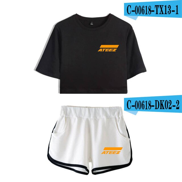 ATEEZ 2019 new 2  Piece Sets fashion women sexy navel T-shirt + shorts Kpop Short Sleeve T-shirt short pant casual Harajuku sets