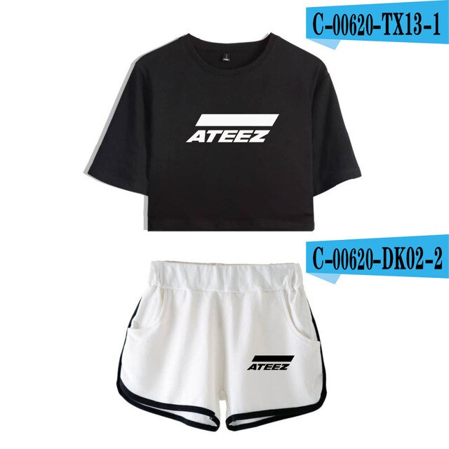 ATEEZ 2019 new 2  Piece Sets fashion women sexy navel T-shirt + shorts Kpop Short Sleeve T-shirt short pant casual Harajuku sets