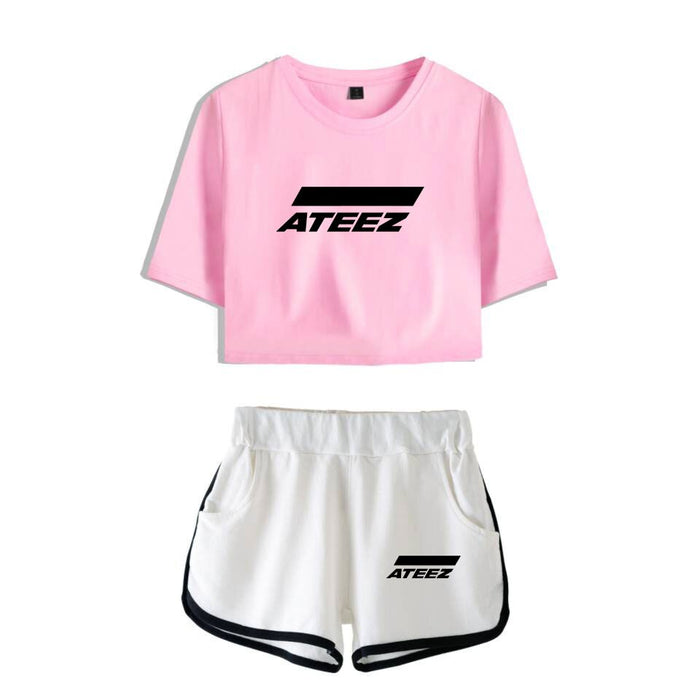 ATEEZ 2019 new 2  Piece Sets fashion women sexy navel T-shirt + shorts Kpop Short Sleeve T-shirt short pant casual Harajuku sets