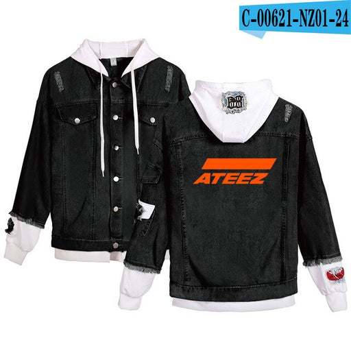 ATEEZ Hooded Denim Jacket For Women Jeans Jacket Holes Vintage  Coat Female loose Basic Coats - Kpopshop