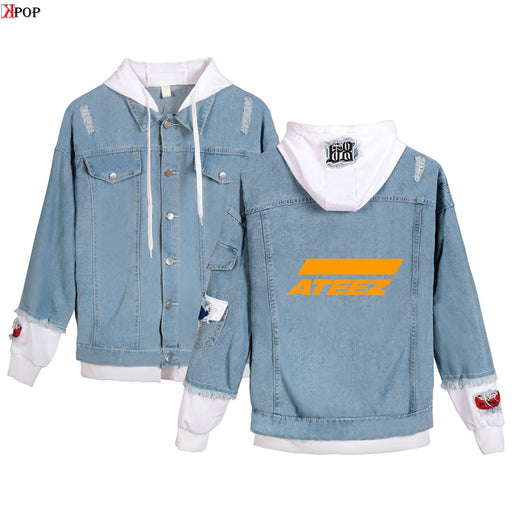 ATEEZ Hooded Denim Jacket For Women Jeans Jacket Holes Vintage  Coat Female loose Basic Coats - Kpopshop