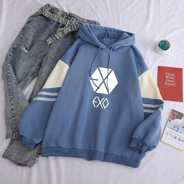 EXO Sweatshirt Women Print Autumn Winter Female Casual Loose Long Sleeve Hoodies Kpop Streetwear Hip Hop Solid Fleece Hoody