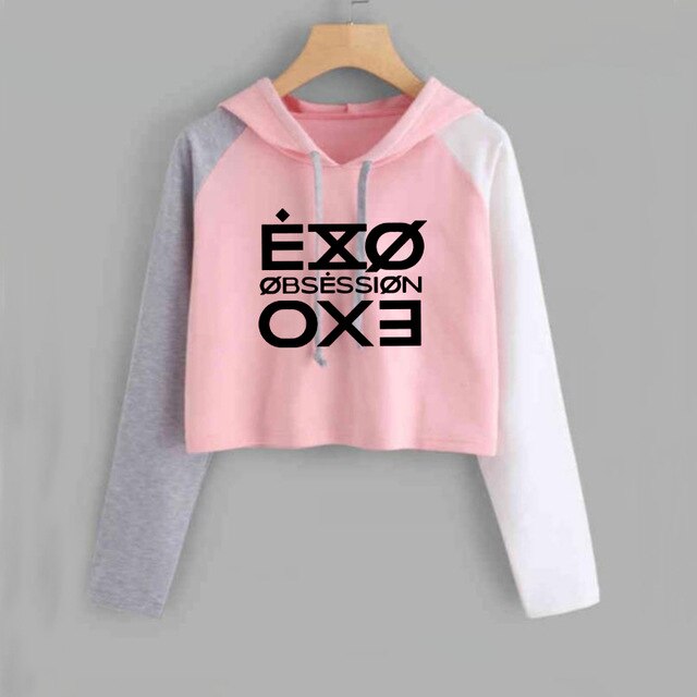 Fashion Crop Top Hoodie Letter Printed Sweatshirt Women Kpop Exo Obsession Women's Hoodies Casual Pink Tops Lady Girl Clothes