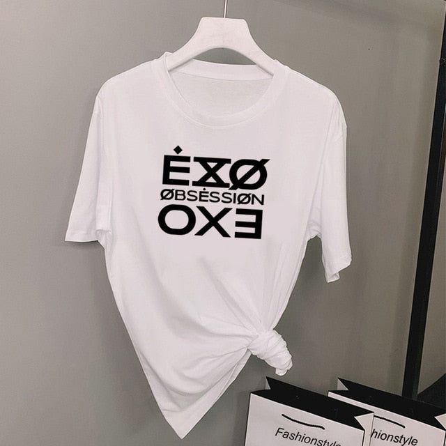 Fashion Letter Printed Tshirt Women Kpop Exo Obsession T-Shirt Casual Short Sleeve Tee Shirt Tops Unisex Fasns Clothes