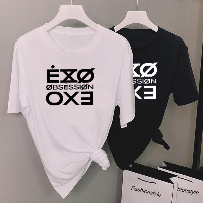 Fashion Letter Printed Tshirt Women Kpop Exo Obsession T-Shirt Casual Short Sleeve Tee Shirt Tops Unisex Fasns Clothes