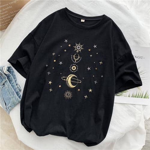 Kpopshop Originals - star embroidery korean Women Funny T-Shirts white Black Tops Female - Kpopshop