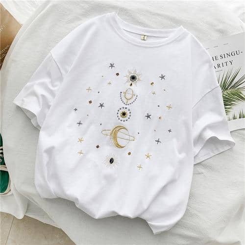 Kpopshop Originals - star embroidery korean Women Funny T-Shirts white Black Tops Female - Kpopshop