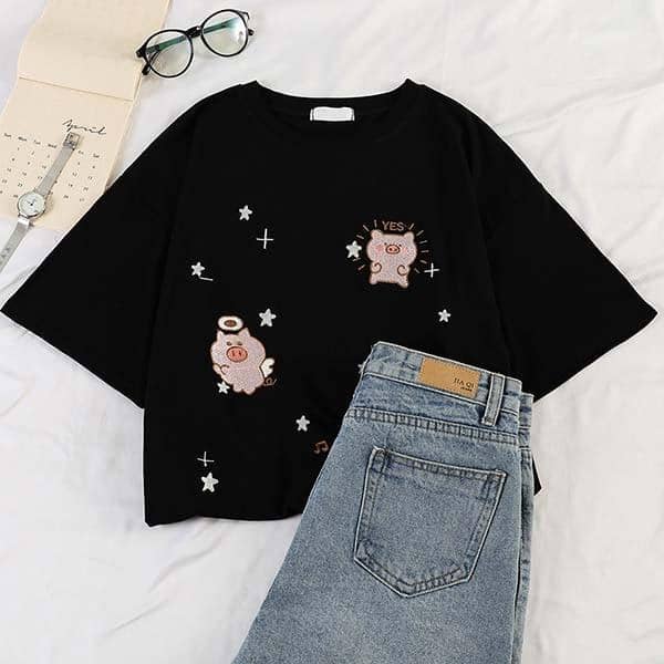 Kpopshop Originals - star embroidery korean Women Funny T-Shirts white Black Tops Female - Kpopshop