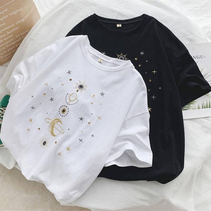 Kpopshop Originals - star embroidery korean Women Funny T-Shirts white Black Tops Female - Kpopshop