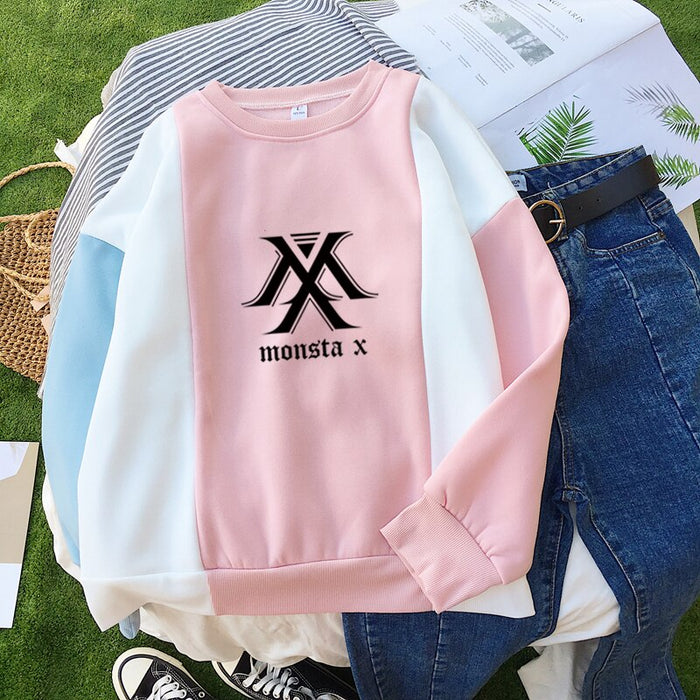 MONSTA X Hoodies Autumn New Women Koren Kpop Long Sleeve  Casual Kawaii Colorblock Splicing Thick Sweatshirt
