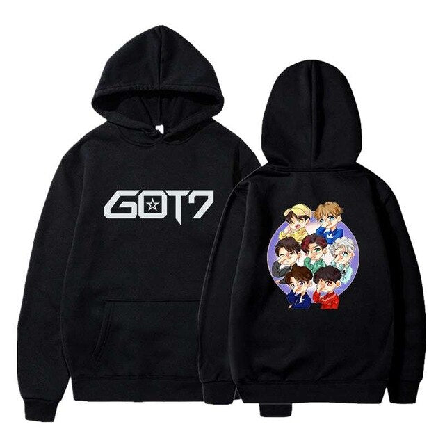 Hip Hop Hoodies Got7 Printing Casual Women Men Black Long Sleeve Oversize Pullover Tracksuit Sweat Coat Autumn Casual Sportswear