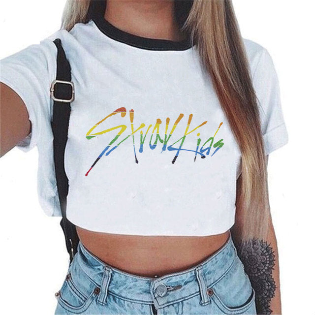 Idol Group Stray Kids Print Tshirt Women Crop Tops Short Sleeve T-shirt K