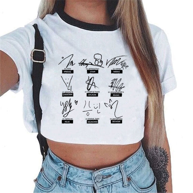 Idol Group Stray Kids Print Tshirt Women Crop Tops Short Sleeve T-shirt K
