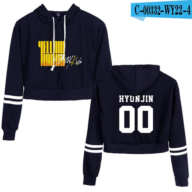 KPOP Stray Kids Crop Top Hoodie StrayKids Yellow Cropped Sweatshirt Streetwear Hip Hop Long Sleeves Pullover Tops