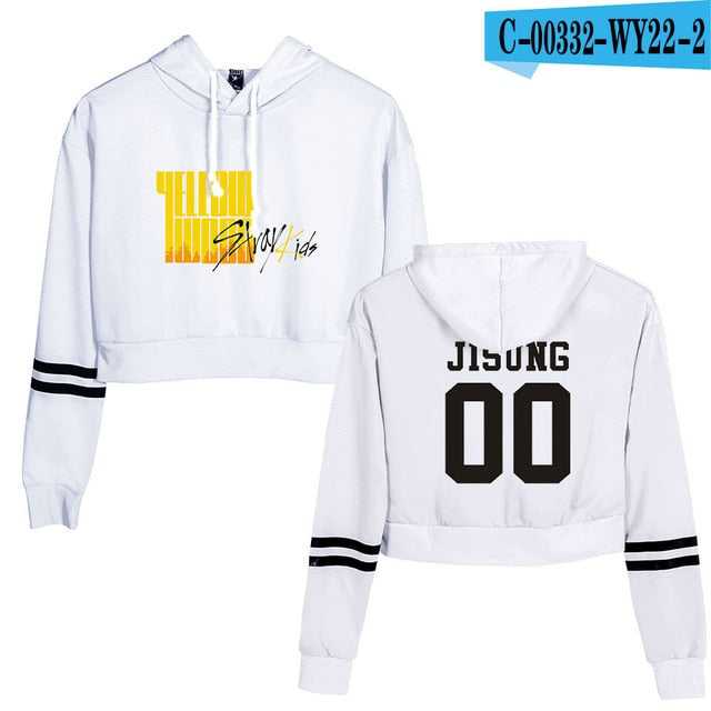 KPOP Stray Kids Crop Top Hoodie StrayKids Yellow Cropped Sweatshirt Streetwear Hip Hop Long Sleeves Pullover Tops