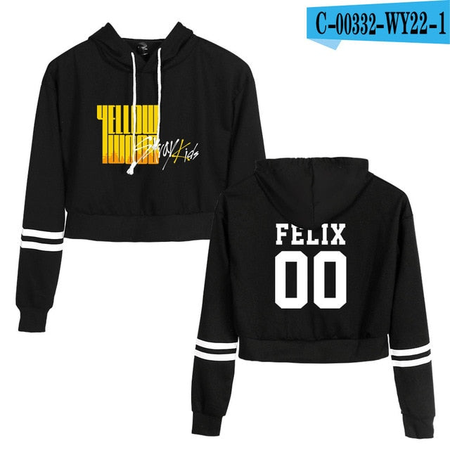 KPOP Stray Kids Crop Top Hoodie StrayKids Yellow Cropped Sweatshirt Streetwear Hip Hop Long Sleeves Pullover Tops