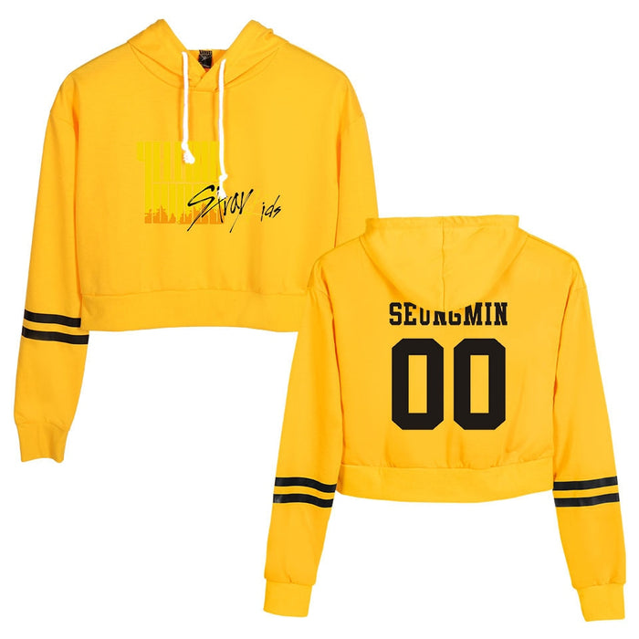 KPOP Stray Kids Crop Top Hoodie StrayKids Yellow Cropped Sweatshirt Streetwear Hip Hop Long Sleeves Pullover Tops