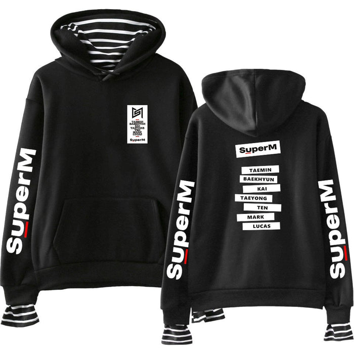 KPOP SuperM Album Men/Women Hoodies Sweatshirt Striped Pachwork False Two-Piece Fleece Hooded Jacket Streetwear