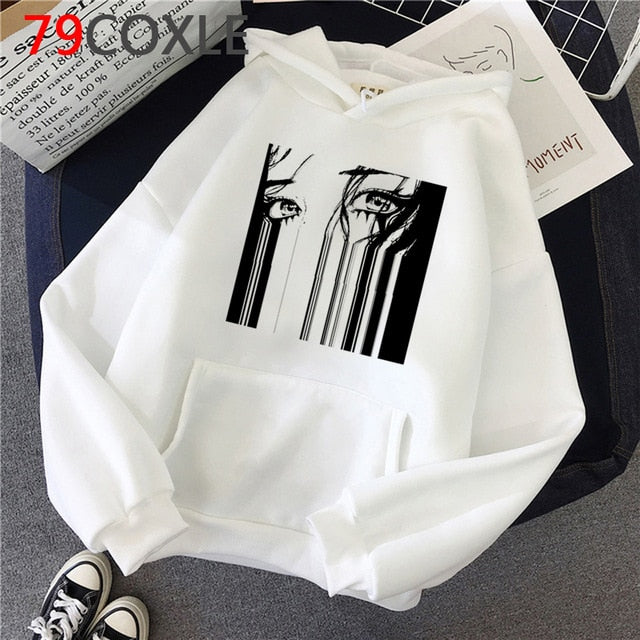 Kawaii Japanese Anime Hoodies Tearful Girl Graphic Hoodie Funny Sad Girl Streetwear Winter  Unisex Sweatshirt Female