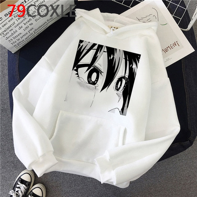 Kawaii Japanese Anime Hoodies Tearful Girl Graphic Hoodie Funny Sad Girl Streetwear Winter  Unisex Sweatshirt Female