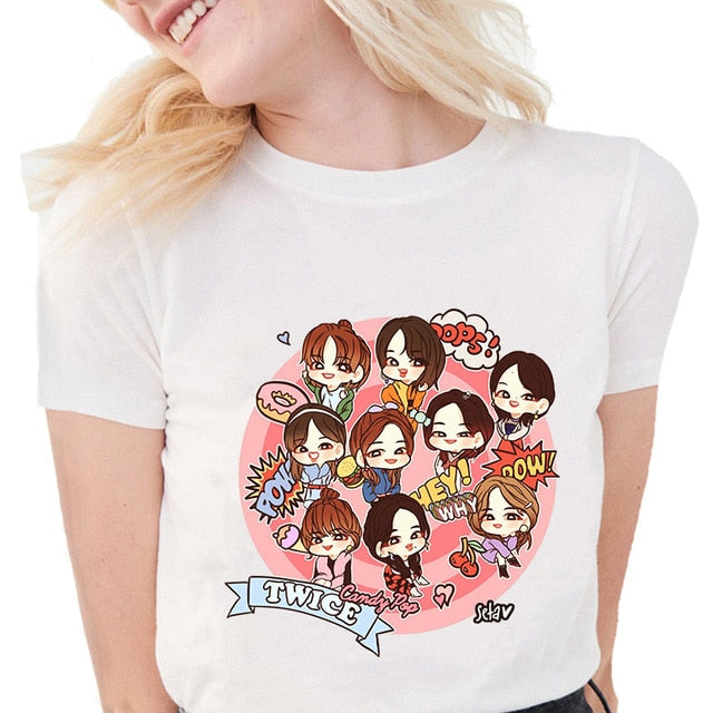 Korean Twice  Graphic  Print Female T-shirt