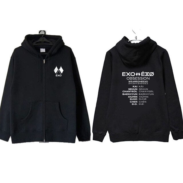 Kpop EXO OBSESSION Same Hoody Zip Hoodie CHANYEOL BAEKHYUN Same Unisex Autumn Winter Long Sleeve Coat Outerwears Tops