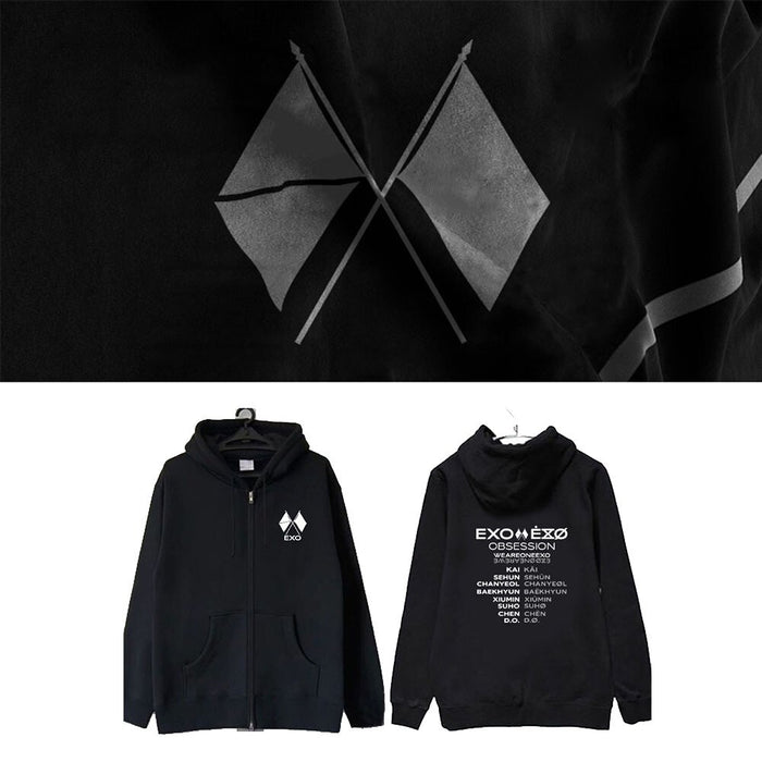 Kpop EXO OBSESSION Same Hoody Zip Hoodie CHANYEOL BAEKHYUN Same Unisex Autumn Winter Long Sleeve Coat Outerwears Tops