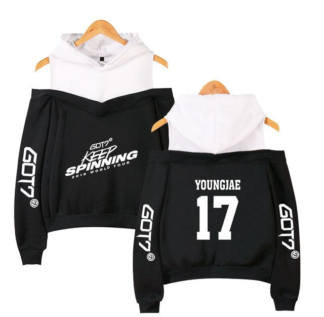 Kpop GOT7 Design Women Hoodies Hoody Keep Spinning Perform Sweatshirt Strapless Girl K-Pop Streetwear White Patchwork Clothing