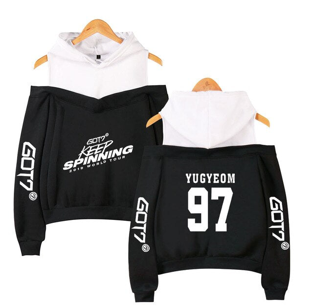 Kpop GOT7 Design Women Hoodies Hoody Keep Spinning Perform Sweatshirt Strapless Girl K-Pop Streetwear White Patchwork Clothing